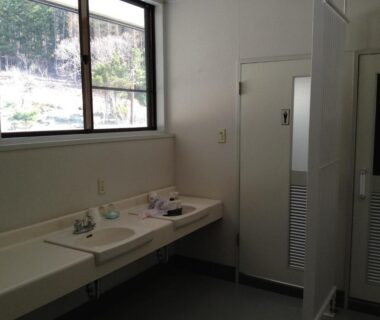 Shared washroom with double sinks, mirrors and cubicles at Iyashinoyado Rodem, Iwate