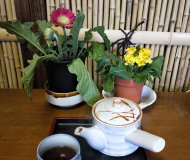 Kyusu teapot and cup beside potted flowers against bamboo screen at Izu Hokkawa Seaside Guesthouse Shizuoka