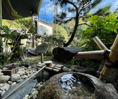 Bamboo spout filling a stone water basin in a compact ryokan garden at Izu Katsura no Izumi Onsen, Shizuoka