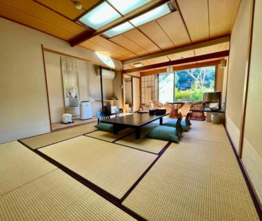 Traditional tatami room with low table, cushions and garden view at Izu Katsura no Izumi Onsen, Shizuoka
