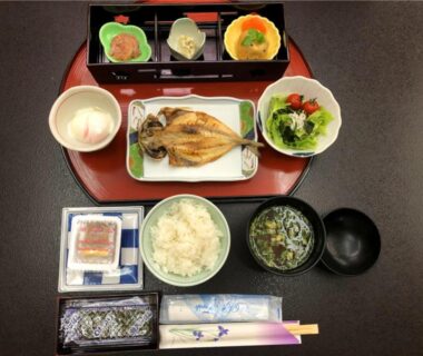 Grilled fish, rice, miso soup and side dishes on tray at Izu Katsura no Izumi Onsen, Shizuoka