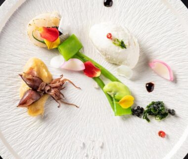 Plated seafood with vegetable garnishes on textured white plate at Izu Mitohama Shotokan, Shizuoka