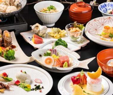 Assortment of traditional Japanese small plates and sashimi at Izu Mitohama Shotokan, Shizuoka
