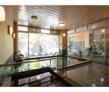 Indoor onsen bath with wooden interior at Izu Nagaoka Kinjokan in Shizuoka, Chūbu Japan