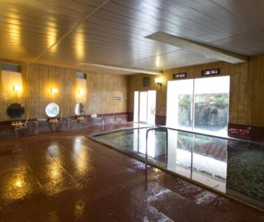 Wood-paneled indoor onsen with two rectangular baths, tiled floor and garden-facing windows at Izuito Onsen Daitokan, Shizuoka