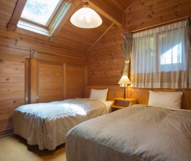 Wood-paneled twin room with skylight at Izumigo AMBIENT Azumino Cottage, Nagano, Chūbu, Japan