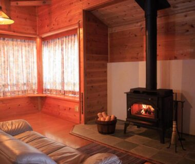 Cozy wooden lounge with a lit wood stove and sofa at Izumigo AMBIENT Azumino Cottage, Nagano