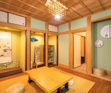 Tatami room with low wooden table, tokonoma alcove and shoji screens at an Asakusa ryokan in Tokyo