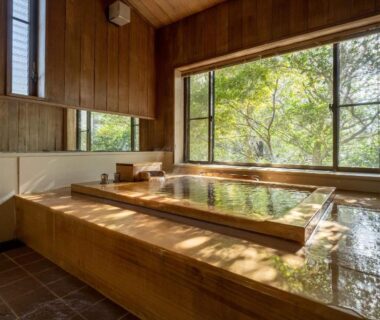 Sunlit wooden onsen bath with green trees visible at Jinya Ryokan, Kanagawa, Japan