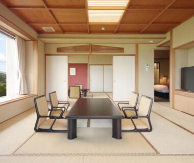 Tatami seating with low table and chairs at Jodogahama Park Hotel, Iwate, Tōhoku, Japan