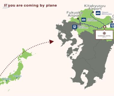 Map showing flight routes and airports to KAMENOI HOTEL Beppu in Oita, Kyushu
