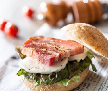 Toasted sandwich with bacon, cheese and greens served at KAMENOI HOTEL Fuji in Yamanashi