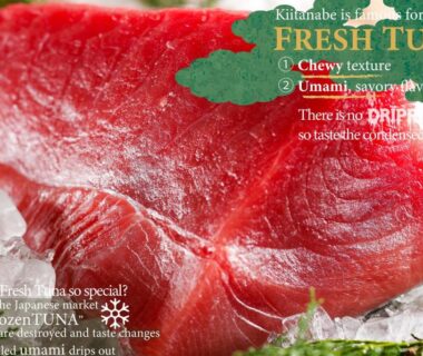 Close-up fresh tuna sashimi with garnish at KAMENOI HOTEL Kii-Tanabe, Wakayama