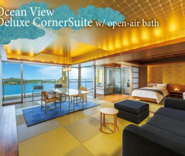 Tatami area, beds and seating with balcony ocean view at KAMENOI HOTEL Nachi Katsuura Wakayama