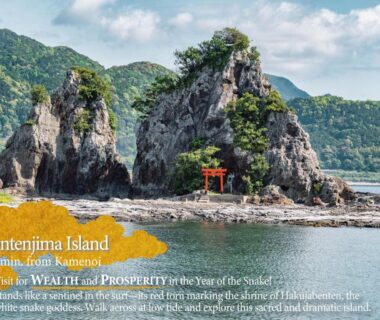 Torii shrine on rocky coastal islet with distant hills, for KAMENOI HOTEL Nachi Katsuura, Wakayama