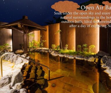 Stone outdoor onsen bath at KAMENOI HOTEL Nara, Kansai, Japan