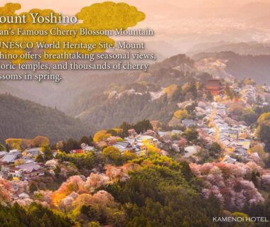 Panoramic hillside of Mount Yoshino with cherry blossoms and village rooftops, KAMENOI HOTEL Nara