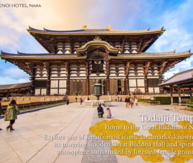 Grand wooden facade of Todai-ji temple with visitors near KAMENOI HOTEL Nara in Kansai