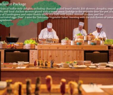 Chefs serving dishes behind wooden buffet counter in ryokan dining hall at KAMENOI HOTEL Nikko Yunishigawa, Tochigi