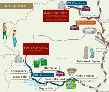 Illustrated area map showing Kamenoi Hotel locations and nearby attractions in Nikko, Tochigi including Kegon Falls and Nikko Toshogu