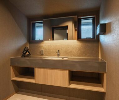 Long stone vanity with dual faucets and wooden shelving at KOS Restaurant & Hotel in Yamanashi, Chūbu