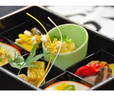 Lacquered multi-compartment box with assorted Japanese appetizers and garnishes, Kadonobo Ryokan, Hyōgo, Kansai, Japan