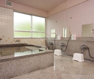 Indoor tiled communal bath with stools and wash stations at Kadoya Shinkan, Hyōgo, Japan