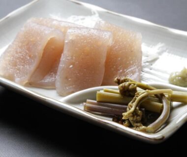 Konnyaku slices with mountain vegetables and wasabi served at Kadoya Shinkan in Hyōgo