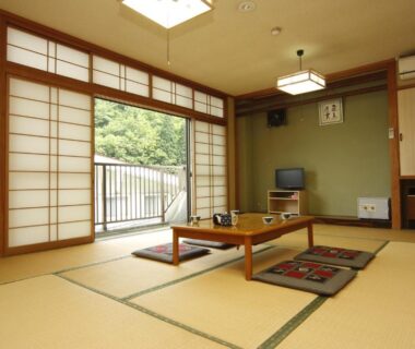 Traditional tatami room with low table, zabuton cushions and shoji doors opening to green balcony at Kadoya Shinkan, Hyōgo