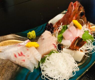 Assorted sashimi with garnishes at Kaigetsu ryokan in Mie, Kansai Japan