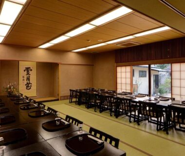 Traditional tatami dining hall with shoji screens and tokonoma at Kaihinsou Kamakura, Kanagawa, Japan