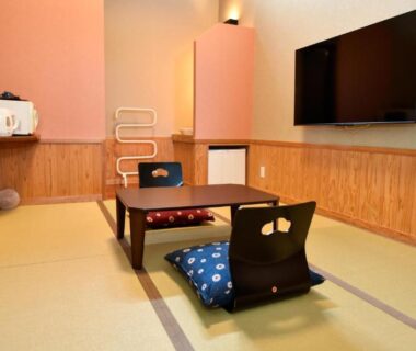 Compact tatami room with low table, zabuton cushions, wall TV and kettle at Kamegawa Onsen HATAGO Yuyu, Ōita