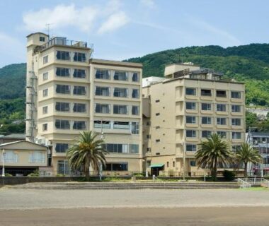 Beige multi-story beachfront ryokan building with palm trees and mountains behind, Kameya Rakan, Shizuoka