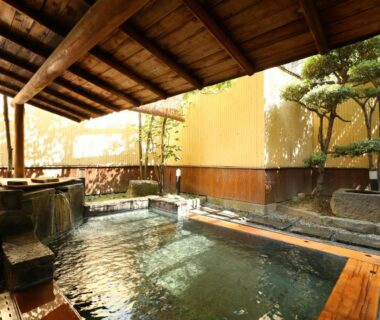 Covered wooden onsen bath beside garden at Kamiyamada Hotel in Nagano