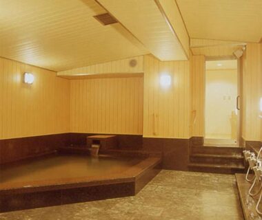 Indoor onsen bath with wooden panels and stone floor at Kamogawakan, Kyoto