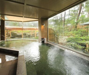 Indoor onsen bath with large windows overlooking garden at Kamogawakan in Chiba, Kanto, Japan