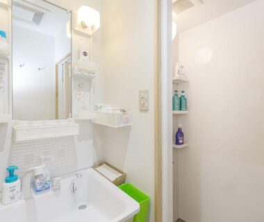 Compact white bathroom with sink, mirror, toiletries and enclosed shower stall at Kamuroan in Kyoto