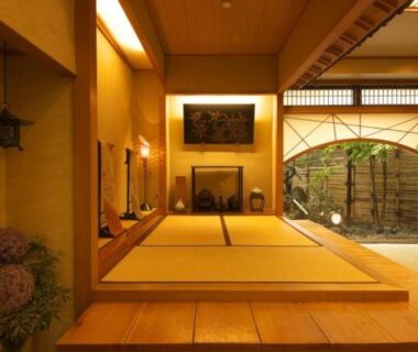Tatami room with shoji screens and bamboo garden view at Kanemidori, Gunma