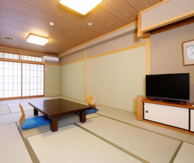 Tatami room with low table, shoji doors and TV at Kanko Hotel Tamaru in Nara, Japan