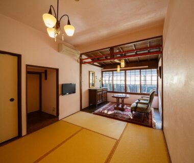 Tatami room with low table and seating area at Kannomori, Ōita, Kyūshū, Japan