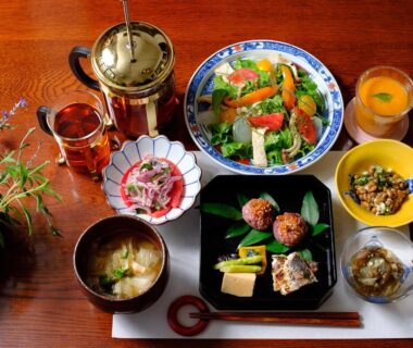 Assorted Japanese dishes with salad and soup at Kannomori, Ōita