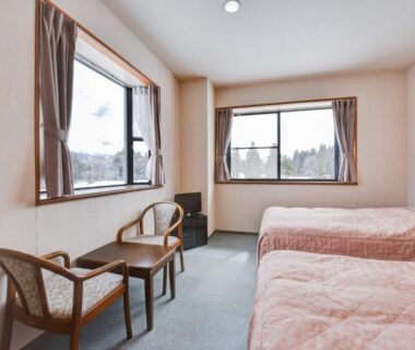 Bright twin room with two beds, chairs and table by windows overlooking tree-lined mountain views at Kanoe, Nagano