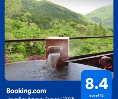 Outdoor onsen bath with wooden spout and glass railing overlooking green mountains at Kansyokan, Yamagata