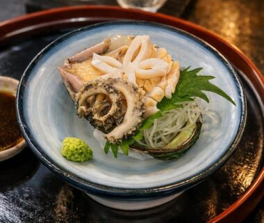 Sliced abalone with shiso and wasabi at Kappo Ryokan Kannawa Bettei, Ōita, Kyūshū, Japan