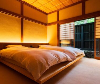 Tatami room with futon and shoji screens overlooking a small courtyard at Kappo Ryokan Yumesaki, Ōita, Kyūshū
