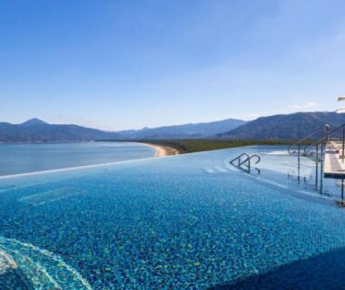 Infinity-edge pool overlooking coastal bay at Karatsu Seaside Hotel Saga Kyūshū Japan
