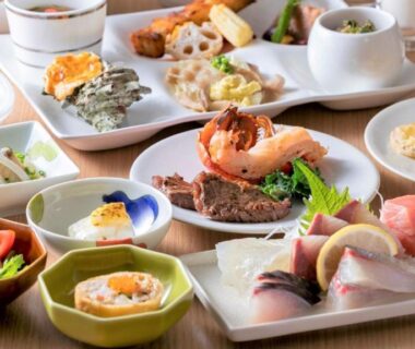 Assorted Japanese dishes served at Karatsu Seaside Hotel in Saga, Kyūshū, Japan