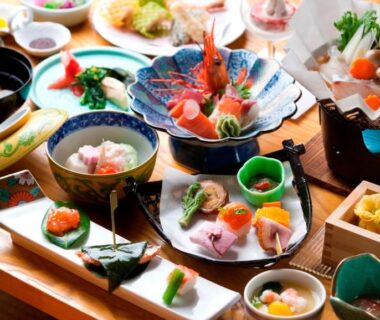 Assorted traditional Japanese small dishes served at Karurusu Onsen Yumoto Orofuresou, Hokkaidō Japan