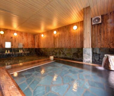 Serene indoor onsen with wooden paneling and stone-tiled pool at Kashiwaya Ryokan, Tohoku