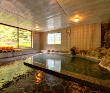 Indoor onsen bath with stone floor, wooden walls and windows overlooking lush greenery at Kashiwaya Ryokan Fukushima